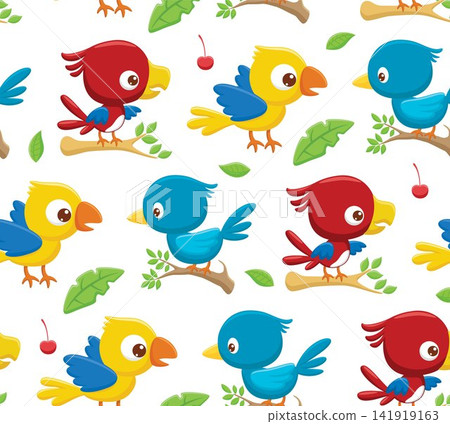 Seamless pattern vector of cartoon colorful birds on tree branches, leaves and fruits Seamless pattern vector of cartoon colorful birds on tree branches, leaves and fruits 141919163