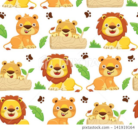 Seamless pattern vector of cartoon lion family, jungle elements illustration Seamless pattern vector of cartoon lion family, jungle elements illustration 141919164