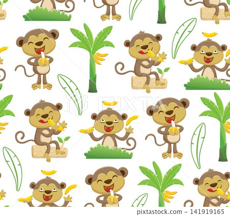 Seamless pattern vector of cartoon monkey with banana fruit, banana garden elements Seamless pattern vector of cartoon monkey with banana fruit, banana garden elements 141919165