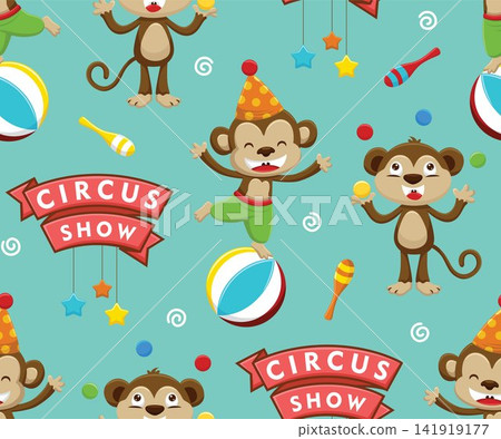 Seamless pattern vector of cartoon monkey in circus show, circus elements illustration 141919177