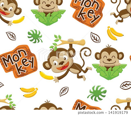 Seamless pattern vector of cartoon monkey with banana, forest element illustration Seamless pattern vector of cartoon monkey with banana, forest element illustration 141919179