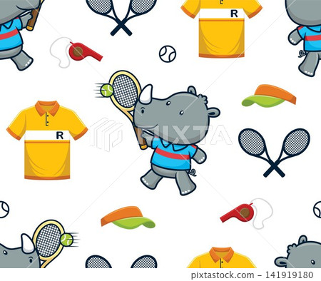 Seamless pattern vector of cartoon rhino playing tennis, court tennis sport elements 141919180