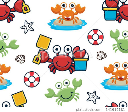 Seamless pattern vector of funny cartoon crabs with beach vacation elements Seamless pattern vector of funny cartoon crabs with beach vacation elements 141919181