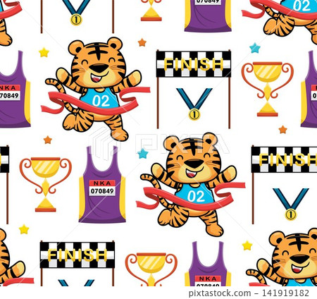 Seamless pattern vector of cartoon tiger winning running race, running sport elements Seamless pattern vector of cartoon tiger winning running race, running sport elements 141919182