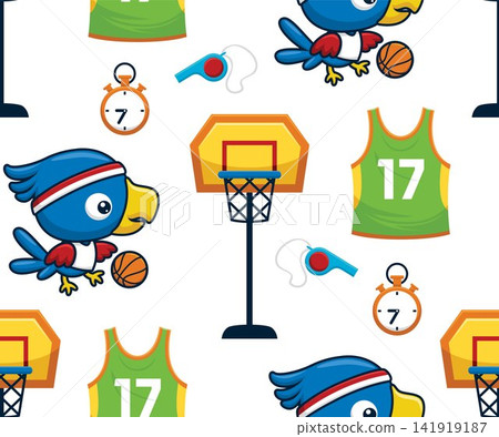 Seamless pattern vector of funny bird cartoon playing basketball with basketball elements Seamless pattern vector of funny bird cartoon playing basketball with basketball elements 141919187