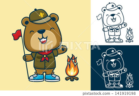 Funny bear in scout uniform holding flag with bonfire. Vector cartoon illustration in flat icon style Funny bear in scout uniform holding flag with bonfire. Vector cartoon illustration in flat icon style 141919198
