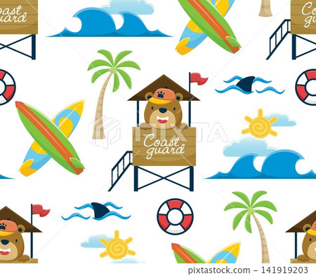 Seamless pattern vector of funny bear cartoon on lifeguard post with summer beach holiday elements Seamless pattern vector of funny bear cartoon on lifeguard post with summer beach holiday elements 141919203