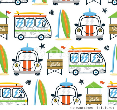 Seamless pattern vector of smiling vehicles cartoon with beach vacation elements 141919204