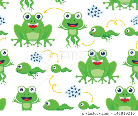 Seamless pattern vector of funny frog life cycle cartoon Seamless pattern vector of funny frog life cycle cartoon 141919210