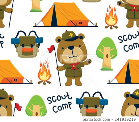 Seamless pattern vector of camping elements with cute bear in scout uniform Seamless pattern vector of camping elements with cute bear in scout uniform 141919219
