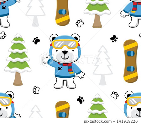 Seamless pattern vector of cartoon funny bear in winter coat costume, snowboard sport elements 141919220