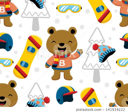 Seamless pattern vector of cartoon funny bear in winter coat with snowboard sport elements 141919222
