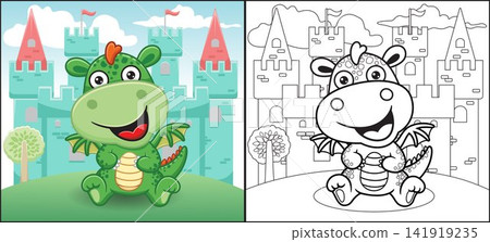 Coloring book or page of funny dragon cartoon on castle background Coloring book or page of funny dragon cartoon on castle background 141919235