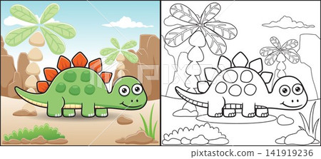 Coloring book or page of stegosaurus cartoon on mountains rock background Coloring book or page of stegosaurus cartoon on mountains rock background 141919236