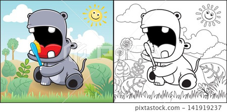 Coloring book or page of funny hippo cartoon brushing it teeth at morning with smiling sun in the forest Coloring book or page of funny hippo cartoon brushing it teeth at morning with smiling sun in the forest 141919237