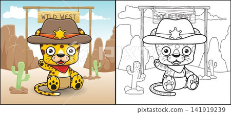 Coloring book or page of cute leopard cartoon in sheriff costume on mountains rock background 141919239