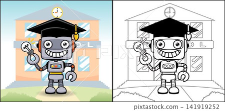 Coloring book or page of funny robot cartoon in graduation cap holding lightbulb on school building background 141919252