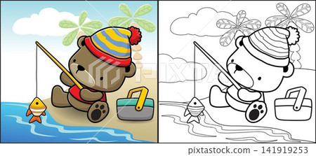 Coloring book or page of cute bear cartoon wearing beanie fishing in the beach 141919253