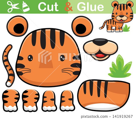 Vector illustration of funny tiger cartoon. Education paper game for children. Cutout and gluing Vector illustration of funny tiger cartoon. Education paper game for children. Cutout and gluing 141919267