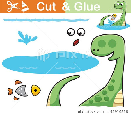 Vector illustration of brontosaurus cartoon with fish in water. Cutout and gluing Vector illustration of brontosaurus cartoon with fish in water. Cutout and gluing 141919268