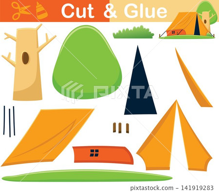 Vector illustration of tent cartoon with tree. Education paper game for children. Cutout and gluing 141919283