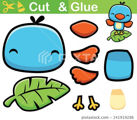 Vector illustration of little bird cartoon on leaf. Education paper game for kids. Cutout and gluing Vector illustration of little bird cartoon on leaf. Education paper game for kids. Cutout and gluing 141919286