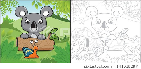 Cartoon of koala in tree trunk with funny snail in forest. Coloring book or page 141919297