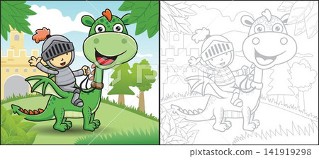 Vector cartoon of knight riding dragon on castle background. Fairytale element. Coloring book or page Vector cartoon of knight riding dragon on castle background. Fairytale element. Coloring book or page 141919298