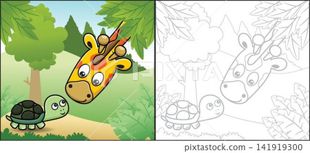 Vector cartoon of giraffe and turtle in forest. Coloring book or page Vector cartoon of giraffe and turtle in forest. Coloring book or page 141919300