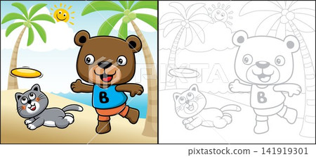 Vector cartoon of bear with cat flying disc game in the beach. Coloring book or page Vector cartoon of bear with cat flying disc game in the beach. Coloring book or page 141919301