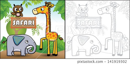 Vector cartoon of funny safari animals. Giraffe, elephant and owl. Coloring book or page Vector cartoon of funny safari animals. Giraffe, elephant and owl. Coloring book or page 141919302