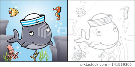 Vector cartoon of whale wearing sailor cap with fish, seahorse and squid. Coloring book or page 141919305
