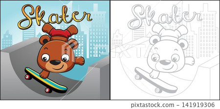 Vector cartoon of cute bear skateboarding in skatepark on building background. Coloring book or page 141919306