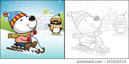 Vector cartoon of polar bear in winter clothes on sledge with little penguin, igloo on pine trees background. Coloring book or page Vector cartoon of polar bear in winter clothes on sledge with little penguin, igloo on pine trees background. Coloring book or page 141919314