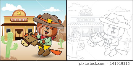 Vector cartoon of cute bear riding stick horse toy on sheriff office background. Coloring book or page Vector cartoon of cute bear riding stick horse toy on sheriff office background. Coloring book or page 141919315