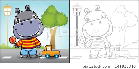 Vector cartoon of cute hippo carrying road sign while pulling car toy in road. Coloring book or page Vector cartoon of cute hippo carrying road sign while pulling car toy in road. Coloring book or page 141919316