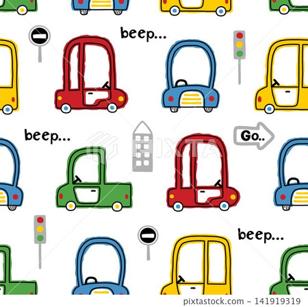 Seamless pattern vector of colorful vehicles cartoon with road sign and buildings Seamless pattern vector of colorful vehicles cartoon with road sign and buildings 141919319