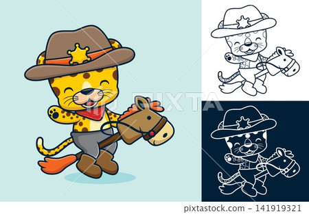 Vector cartoon of funny leopard in cowboy costume ride stick horse toy Vector cartoon of funny leopard in cowboy costume ride stick horse toy 141919321