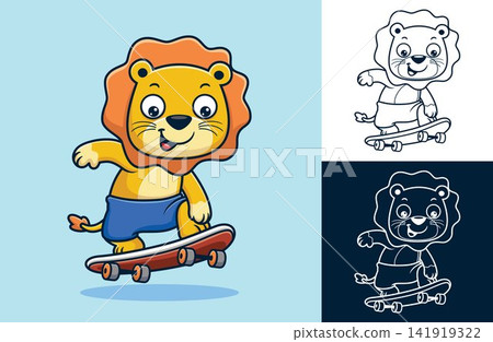 Vector illustration of cartoon funny lion playing skateboard Vector illustration of cartoon funny lion playing skateboard 141919322