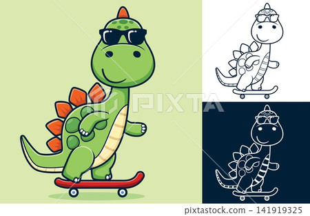 Vector illustration of cartoon dinosaur with sunglasses playing skateboard 141919325