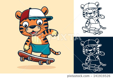 Vector illustration of cartoon funny tiger wearing hat playing skateboard Vector illustration of cartoon funny tiger wearing hat playing skateboard 141919326
