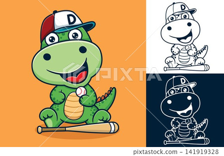 Vector illustration of cartoon dinosaur wearing baseball cap with baseball equipment Vector illustration of cartoon dinosaur wearing baseball cap with baseball equipment 141919328