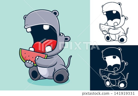 Vector illustration of cartoon funny hippo eating watermelon 141919331