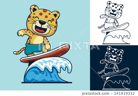 Vector illustration of cartoon cute leopard surfing on wave Vector illustration of cartoon cute leopard surfing on wave 141919332