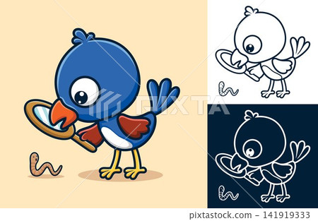 Vector illustration of cartoon blue bird is holding a magnifying glass looking for worm 141919333