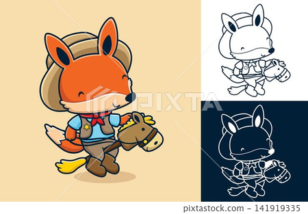 Vector cartoon of funny fox in cowboy costume ride stick horse toy 141919335