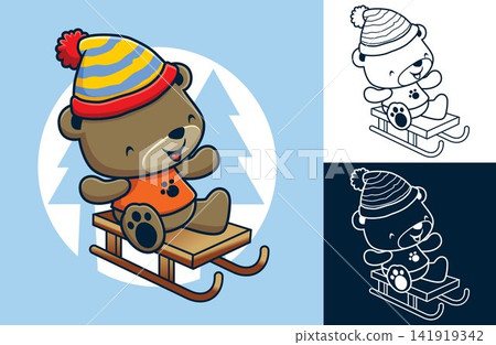 Vector illustration of cute bear wearing winter hat rides on sledge Vector illustration of cute bear wearing winter hat rides on sledge 141919342