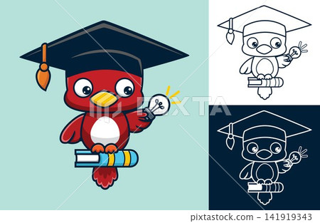 Vector illustration of little bird cartoon wearing graduation hat perch on book holding light bulb 141919343