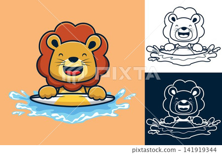 Vector illustration of cartoon funny lion with surfboard on water 141919344