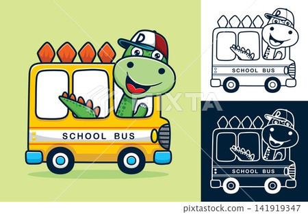 Vector illustration of funny dinosaur cartoon wearing hat on school bus Vector illustration of funny dinosaur cartoon wearing hat on school bus 141919347